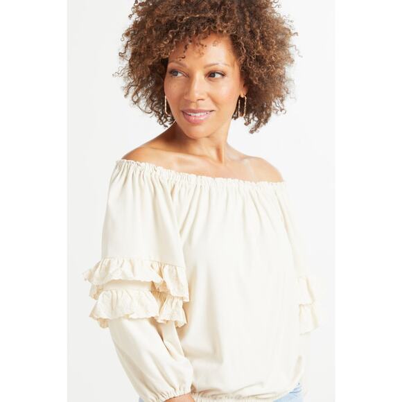 Evereve Cory Knit Ruffle Off the Shoulder‎ Top Cream Small - Picture 2 of 9